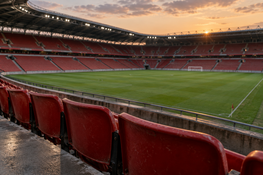 Leere rote Stadionränge mit Blick auf ein Fußballfeld – KI-Symbolbild
