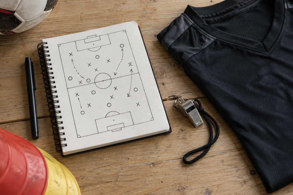 Taktiknotizbuch, Trikot und Pfeife – KI-Symbolbild